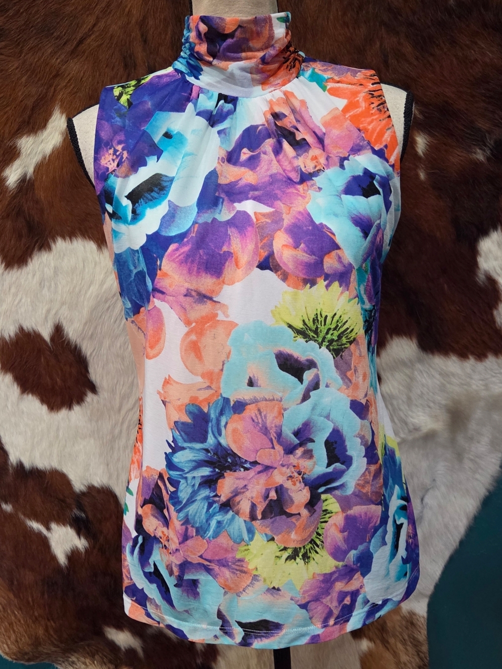 Worthington Multicolor Floral Sleeveless Mock Neck Top